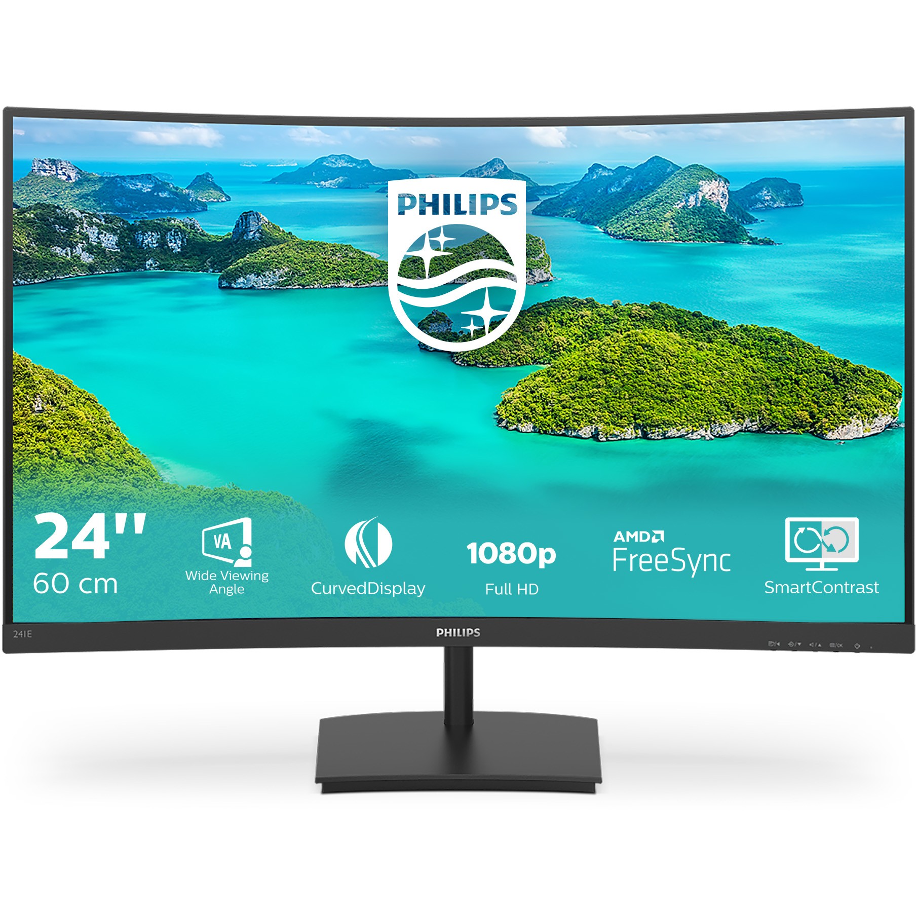 Monitor Philips 241E1SCA / 23.6″ / FHD / VA LCD Curved / 16:9 / 75Hz / 4ms / HDMI + VGA / E zezë / Adaptive‑Sync + LowBlue Mode