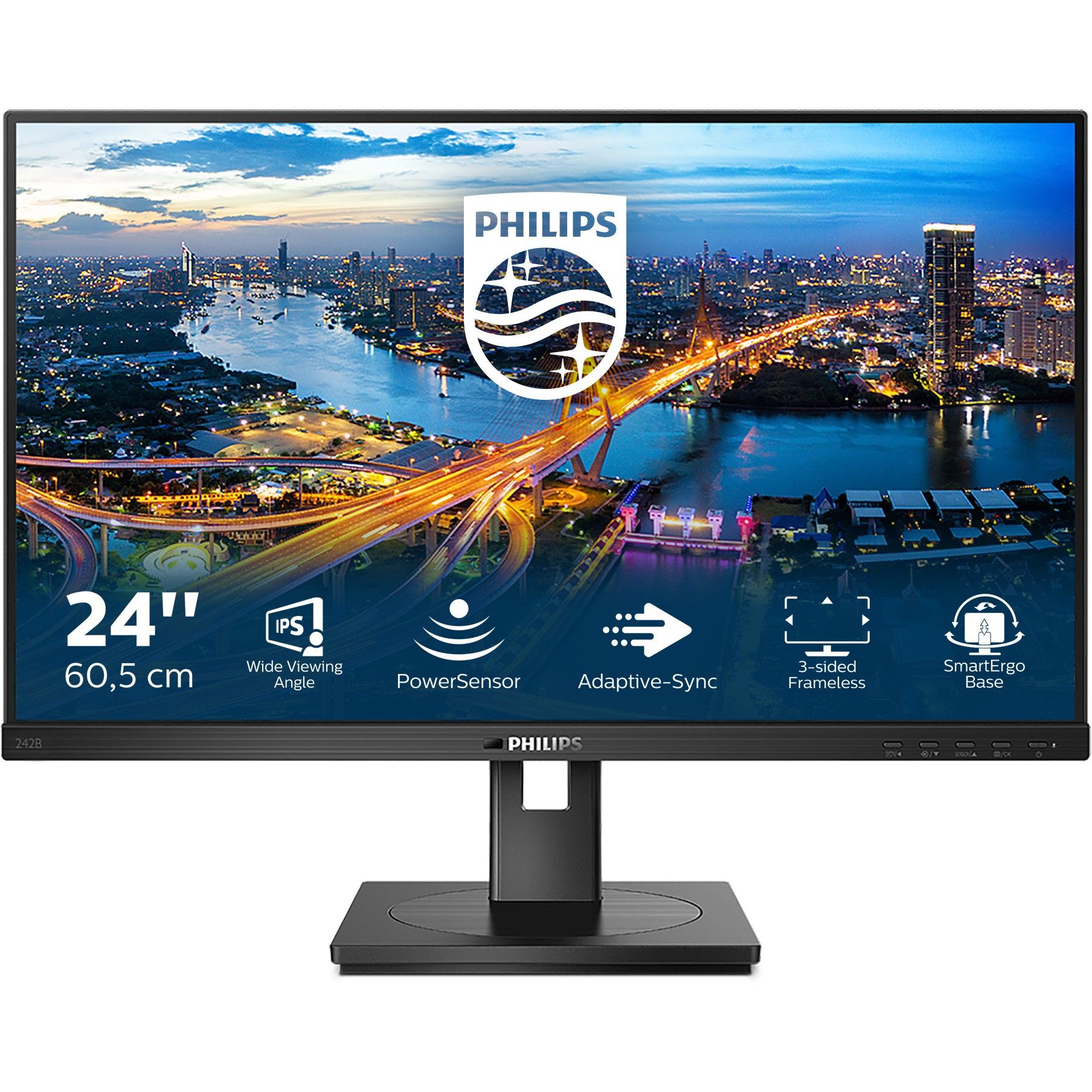 Monitor Philips 242B1 / 23.8″ / FHD / IPS LCD / 16:9 / 75Hz / 4ms / DVI + HDMI + DP + USB / E zezë / Webcam + Lift + Pivot