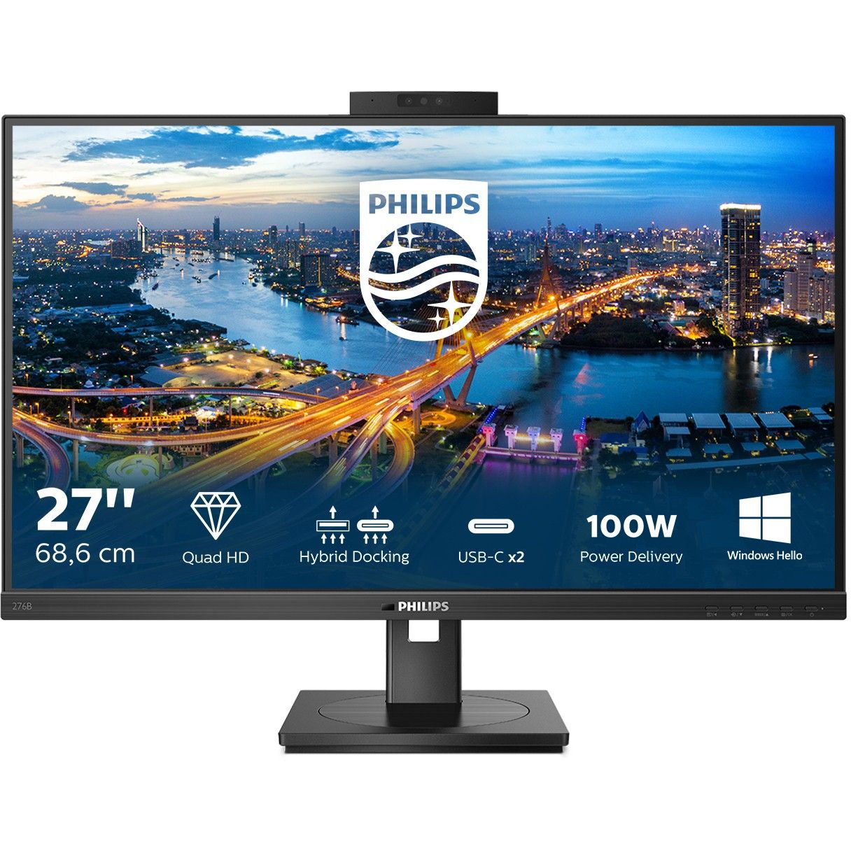 Monitor Philips 276B1JH / 27″ / QHD / IPS LCD / 16:9 / 75Hz / 4ms / HDMI + DP + USB‑C / E zezë / WebCam + Lift + Pivot