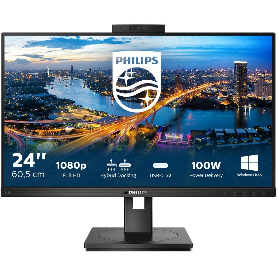 Monitor Philips 243B1JH / 23.8″ / FHD / IPS LCD / 16:9 / 75Hz / 4ms / HDMI + DP + USB‑C + USB Hub / E zezë