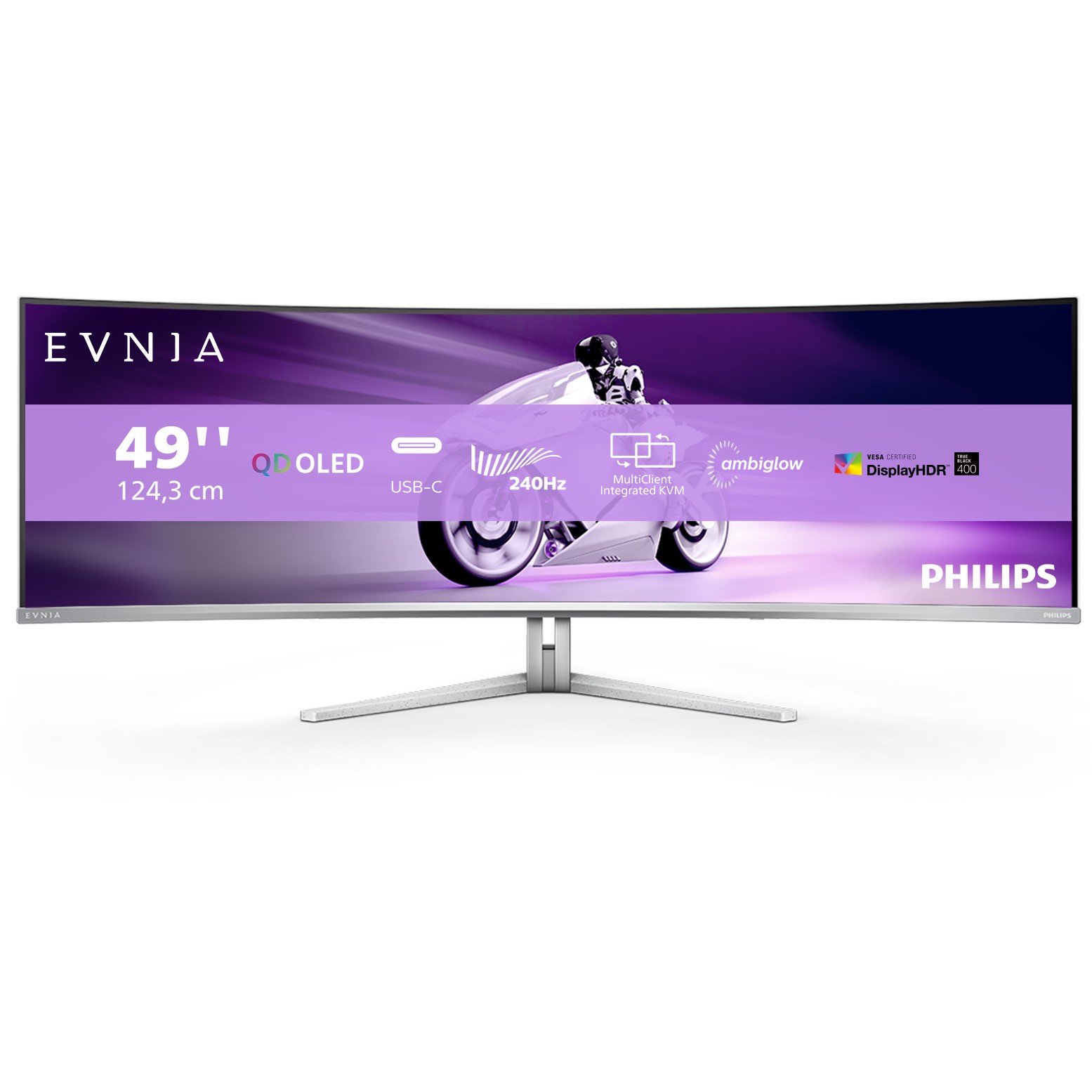 Monitor Philips 49M2C8900 / 48.9″ / DQHD / QD‑OLED Curved / 32:9 / 240Hz / 0.03ms / 2× HDMI + DP + USB‑C / E bardhë