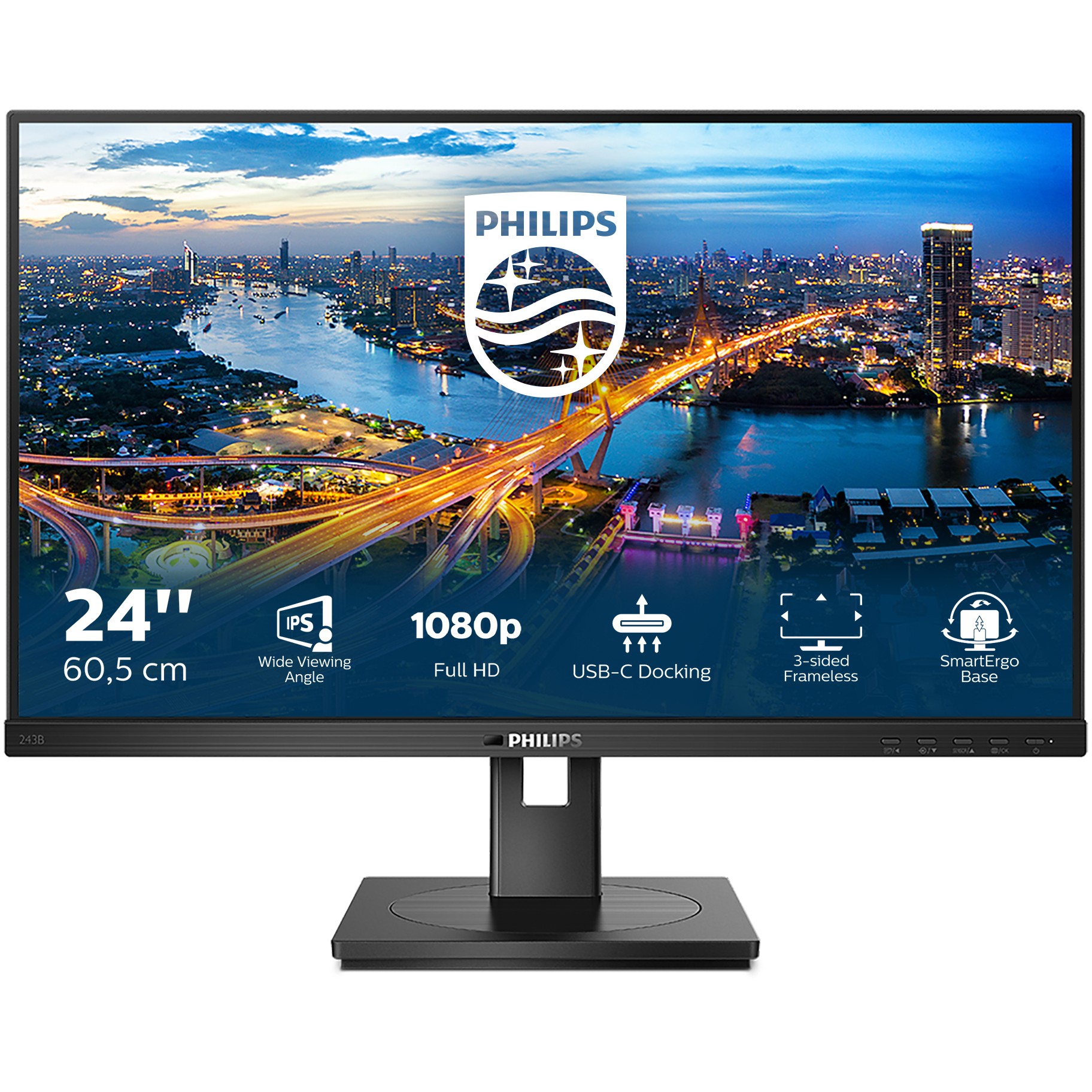 Monitor Philips 243B1 / 23.8″ / FHD / IPS LCD / 16:9 / 75Hz / 4ms / HDMI + DP + USB‑C + USB Hub / E zezë / Lift + Pivot