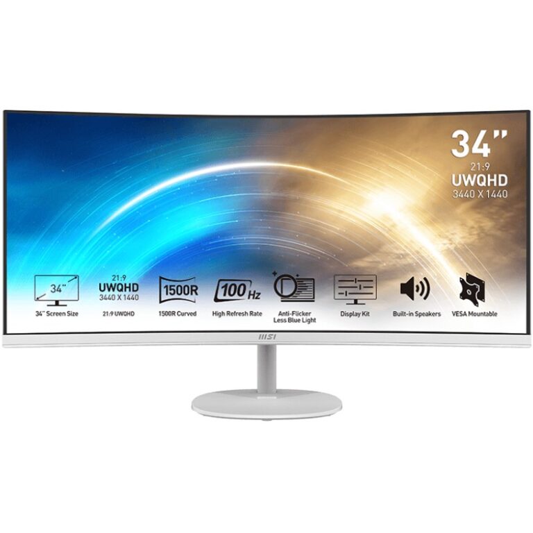Monitor MSI PRO MP341CQWDE / 34″ / UWQHD / VA Curved / 21:9 / 100Hz / 4ms / HDMI + DP / E bardhë