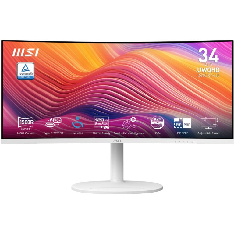 Monitor MSI Modern MD342CQPWDE / 34″ / UWQHD / VA / 21:9 / 120Hz / 4ms / HDMI + DP + USB-C + USB-Hub / E bardhë