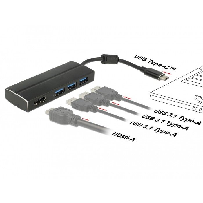 Hub USB DELOCK 3-Port USB 3.0 + HDMI 4K 30Hz – Type-C 3.1 Gen 1 2