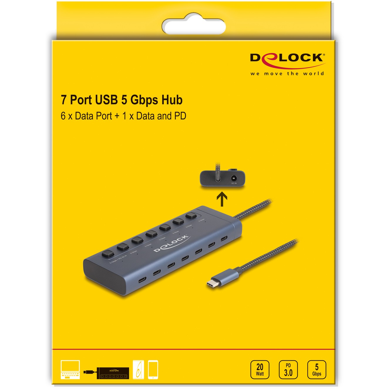 HUB DELOCK USB 3.1 / 7 Porta Type‑C (6x Data, 1x Data + PD 20W) – Blu 4