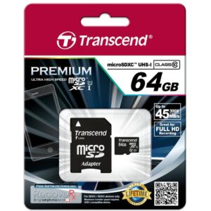 Kartë memorie SD microSD 64GB Transcend SDXC UHS1 w/adapter