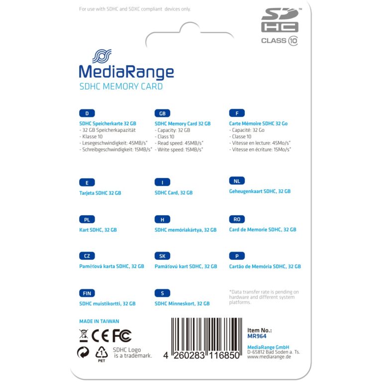 Kartë Memorie SD CARD MediaRange 32GB SDHC Klasse 10