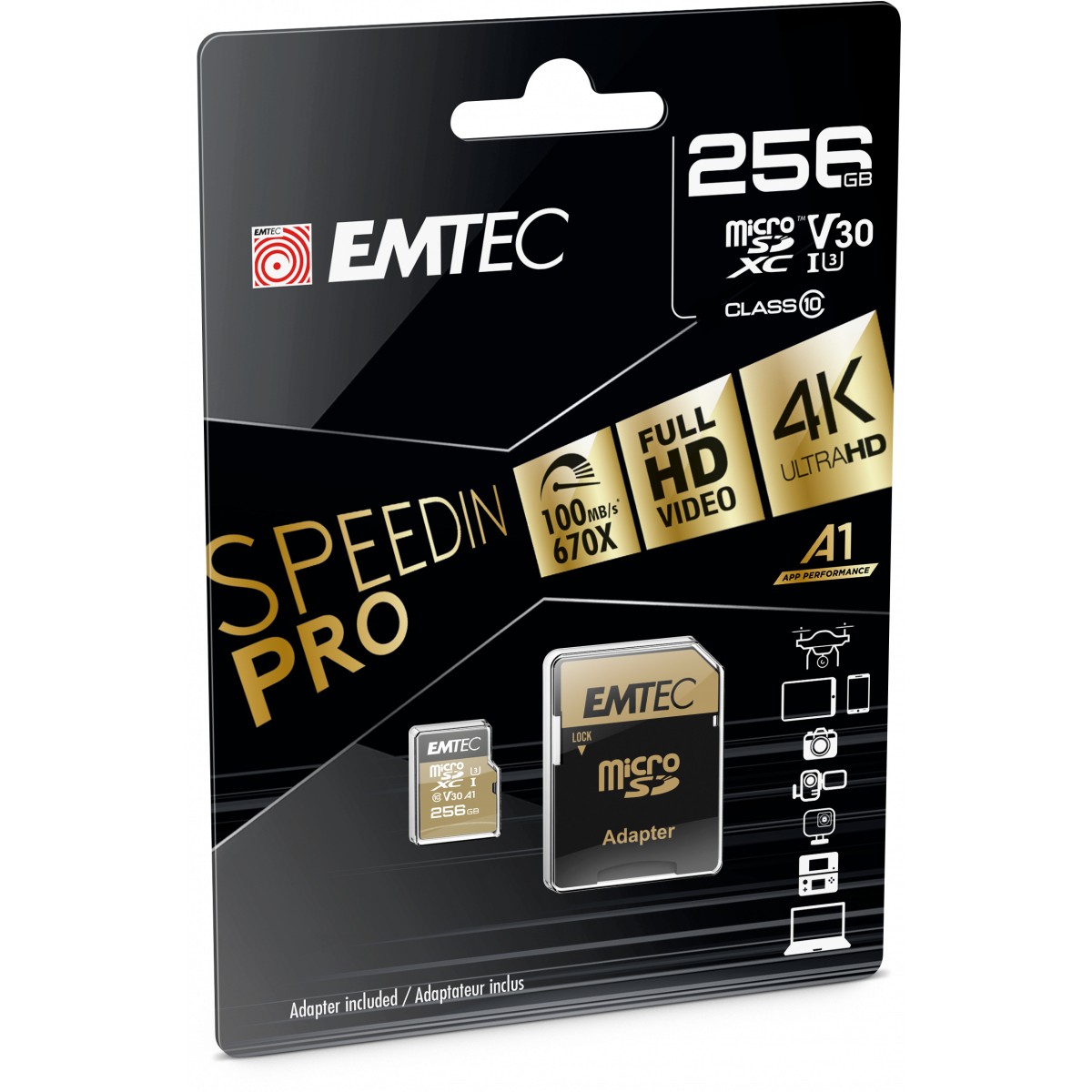 Kartë Memorie SD CARD Emtec m256GB UHS-I U3 V30 A1 SpeedIN Pro + Adapter - Figura 2
