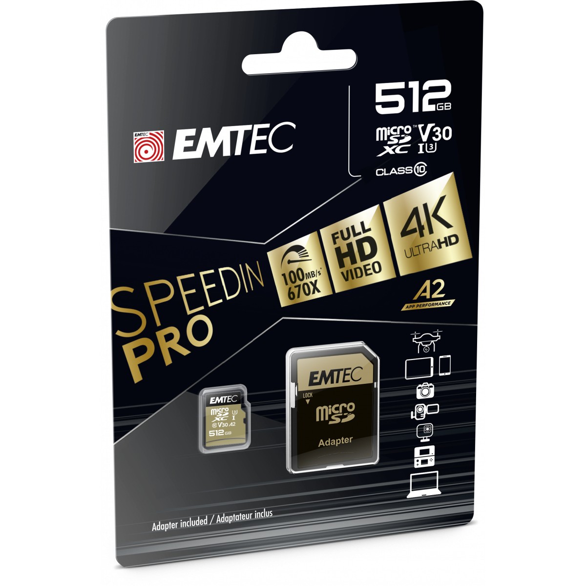 Kartë Memorie SD CARD Emtec m512GB UHS-I U3 V30 A2 SpeedIN Pro + Adapter - Figura 2