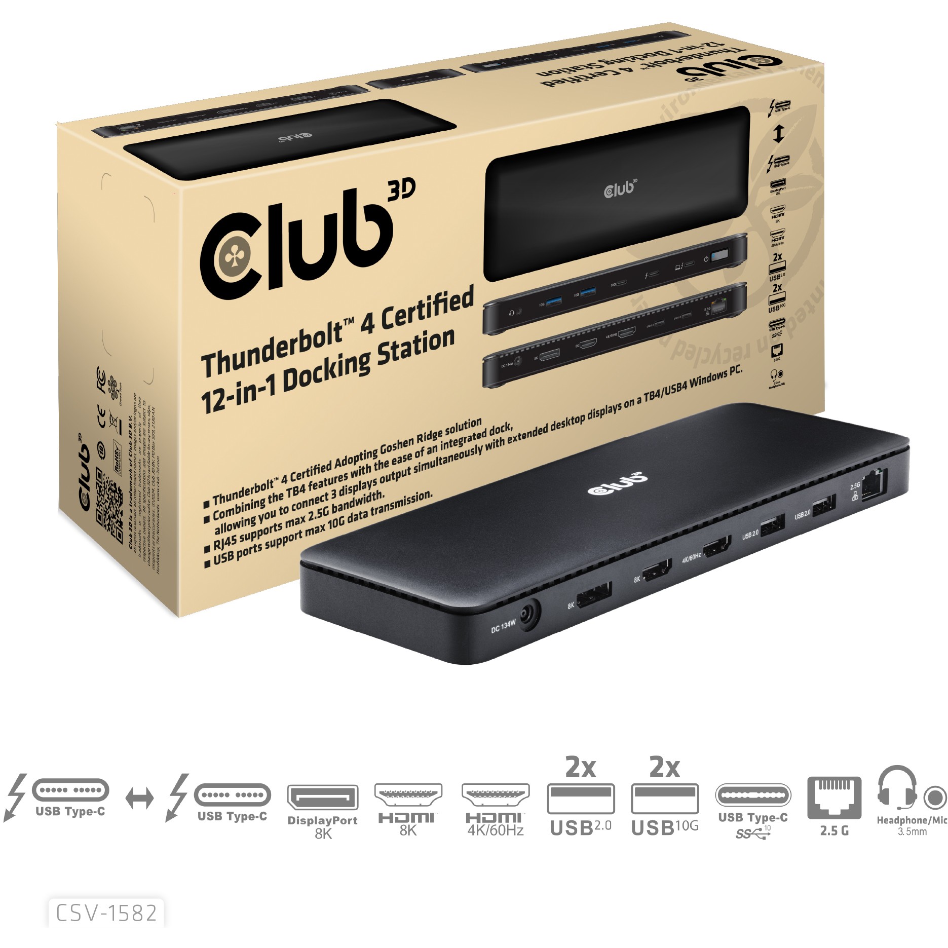 Docking Station Club3D Thunderbolt 4 / 12-in-1 / 3 Ekrane / USB-C / HDMI / DP / LAN - Zezë