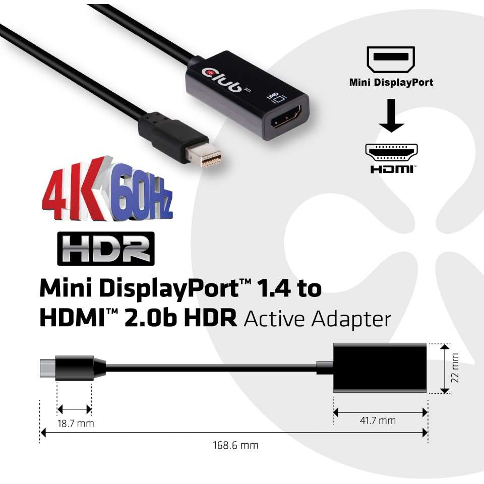 Adapter Club3D / Mini DisplayPort Plug → HDMI 2.0b Plug / Aktiv / HDR / 4K / 60Hz - Zezë - Figura 3