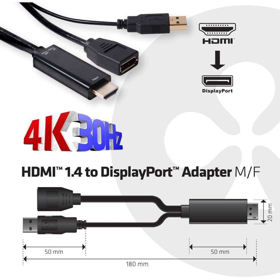 Adapter Club3D / HDMI-A Plug → DisplayPort Socket / Aktiv / 4K / 30Hz / St/Bu - Zezë - Figura 3