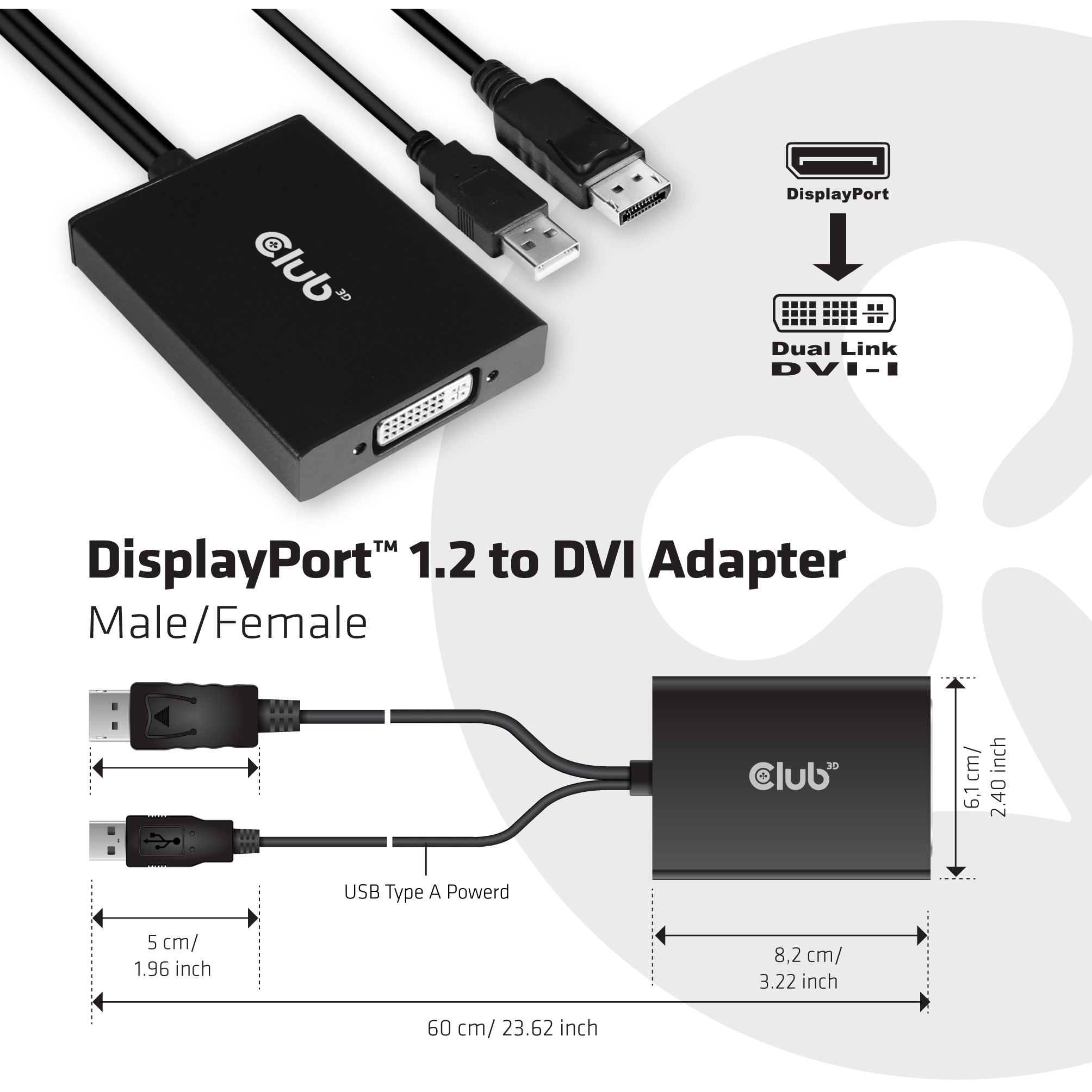Adapter Club3D / DisplayPort Plug → DVI-D Dual-Link Socket / Aktiv / St/Bu - Zezë - Figura 3