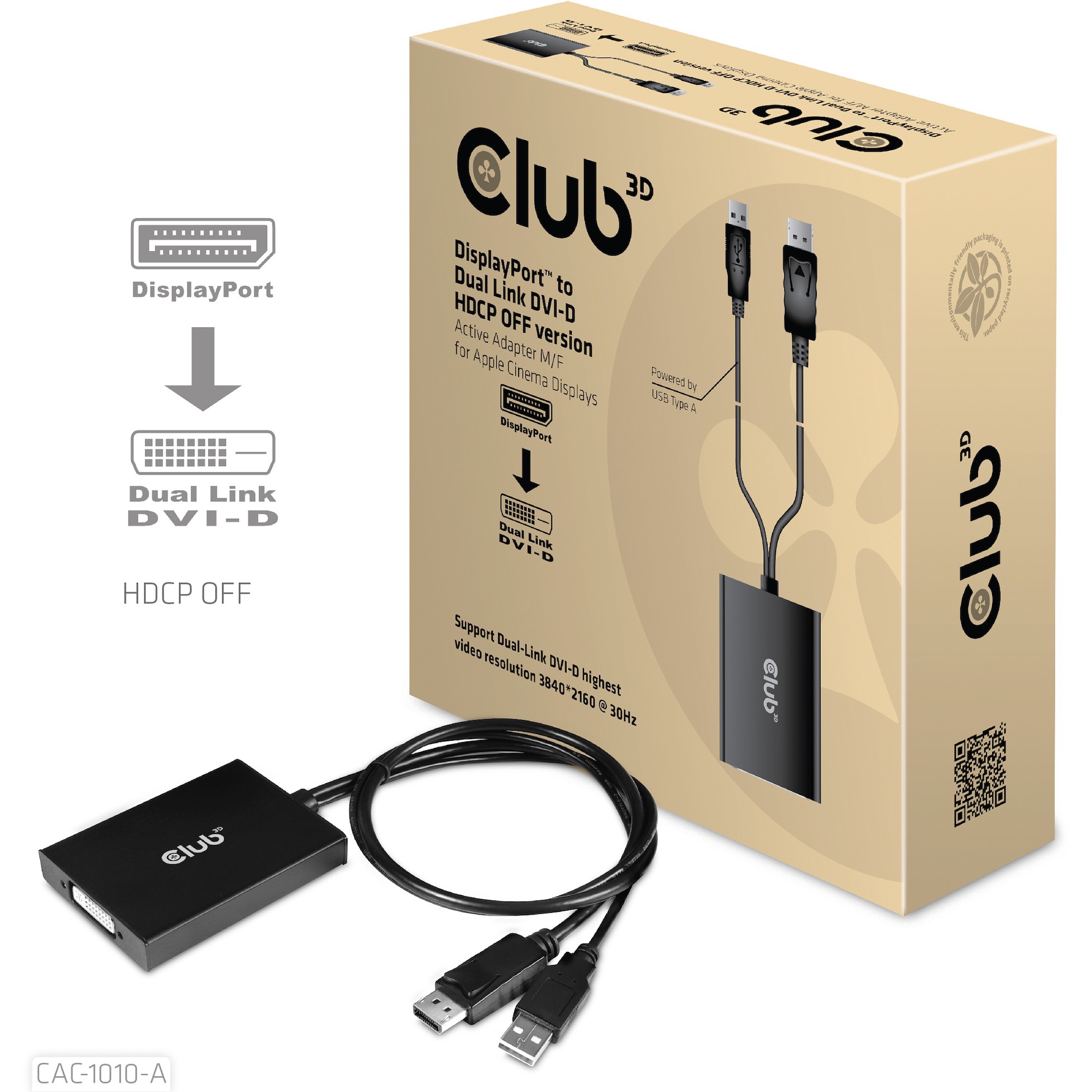 Adapter Club3D / DisplayPort Plug → DVI-D Socket / Aktiv / HDCP OFF / St/Bul - Zezë