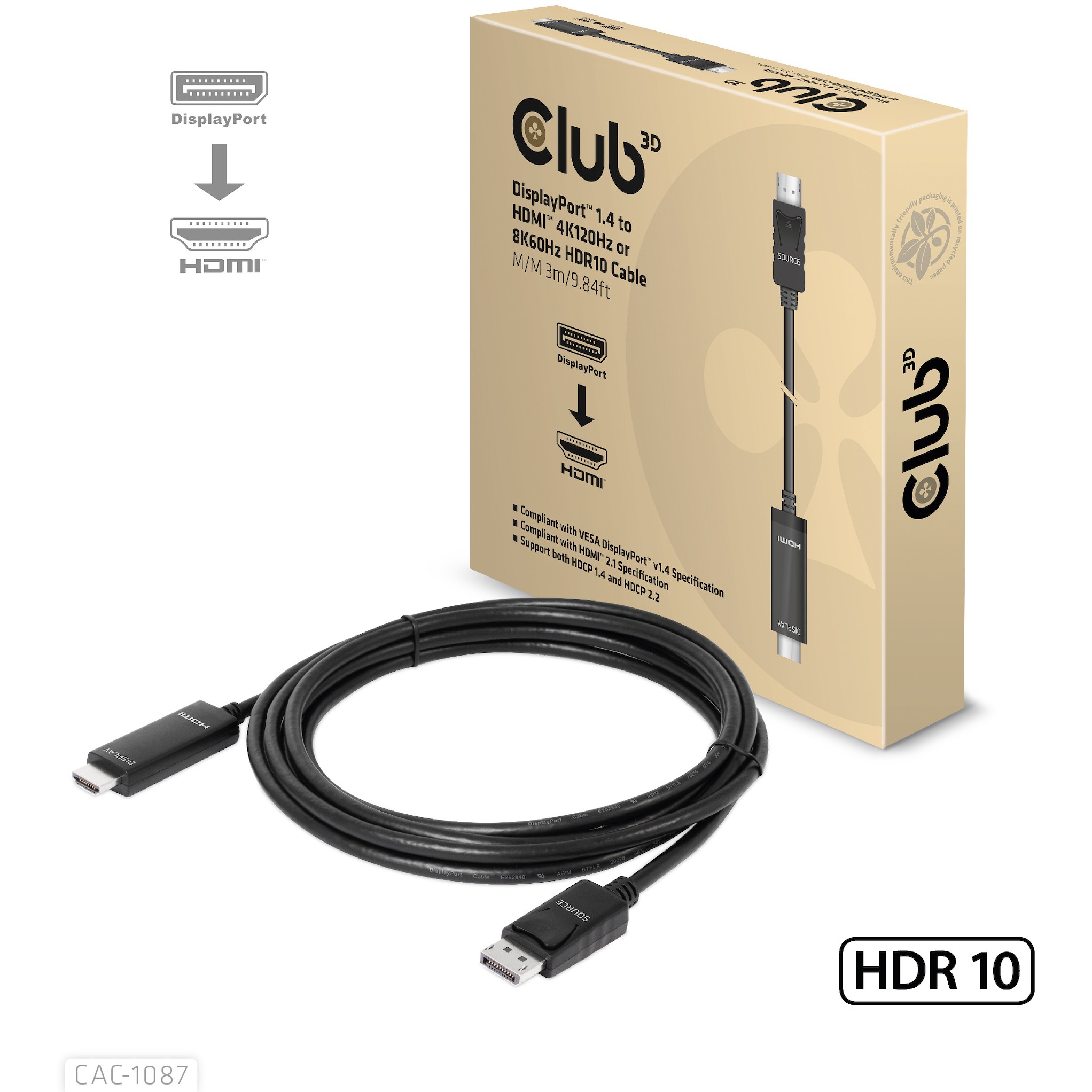 Kabllo DisplayPort Club3D / DisplayPort 1.4 në HDMI / HDR / 8K @ 60Hz / Aktiv / 3m