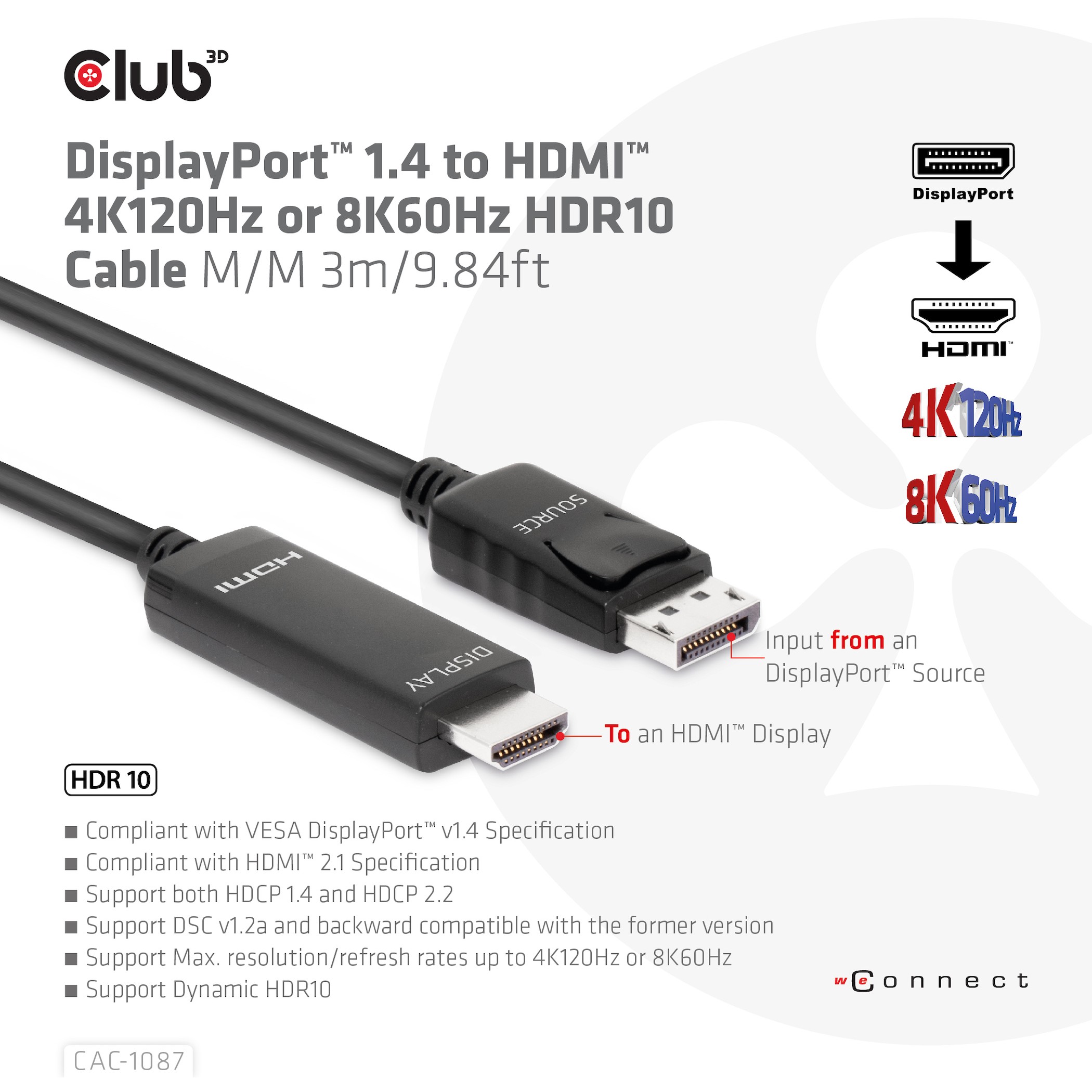 Kabllo DisplayPort Club3D / DisplayPort 1.4 në HDMI / HDR / 8K @ 60Hz / Aktiv / 3m - Figura 3