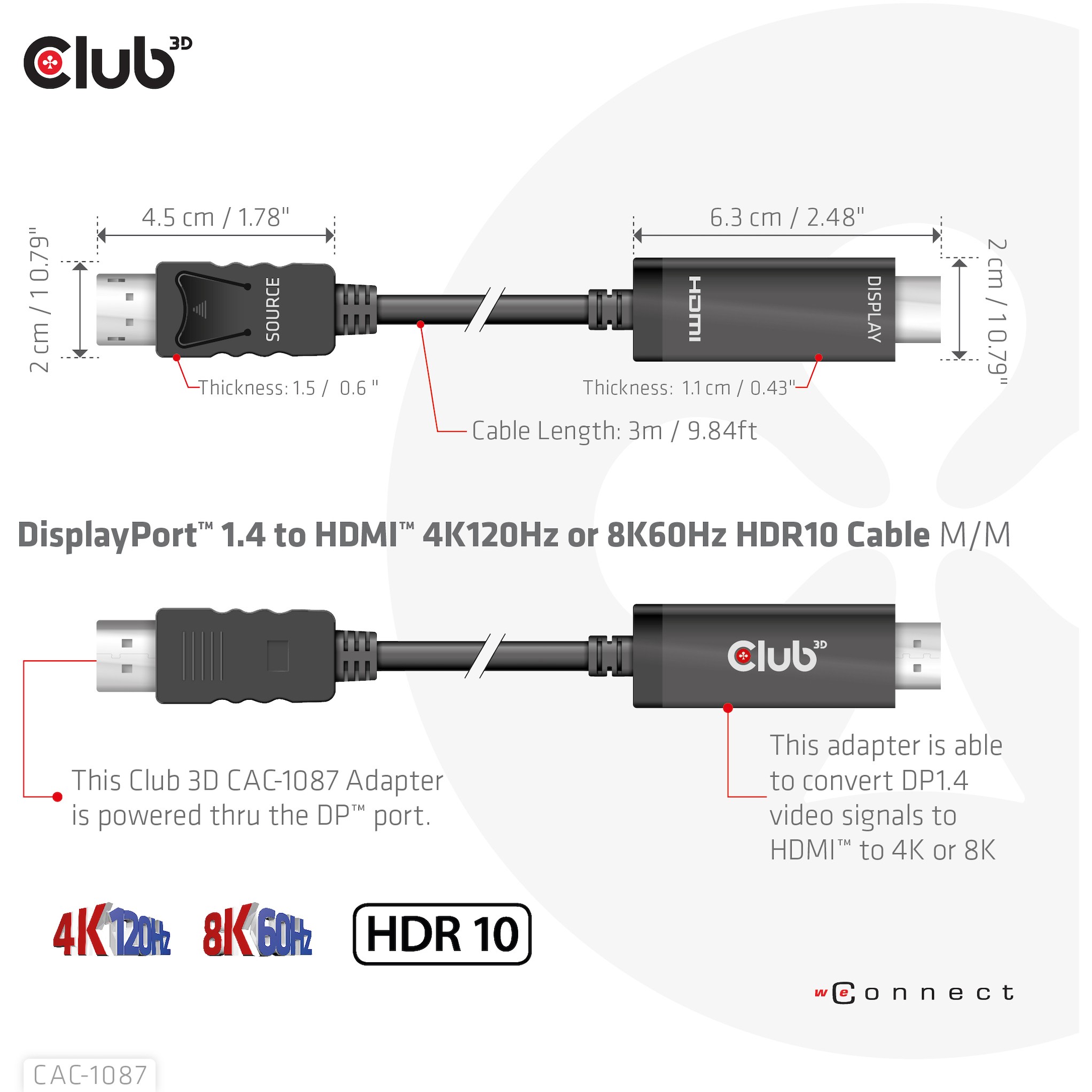 Kabllo DisplayPort Club3D / DisplayPort 1.4 në HDMI / HDR / 8K @ 60Hz / Aktiv / 3m - Figura 4