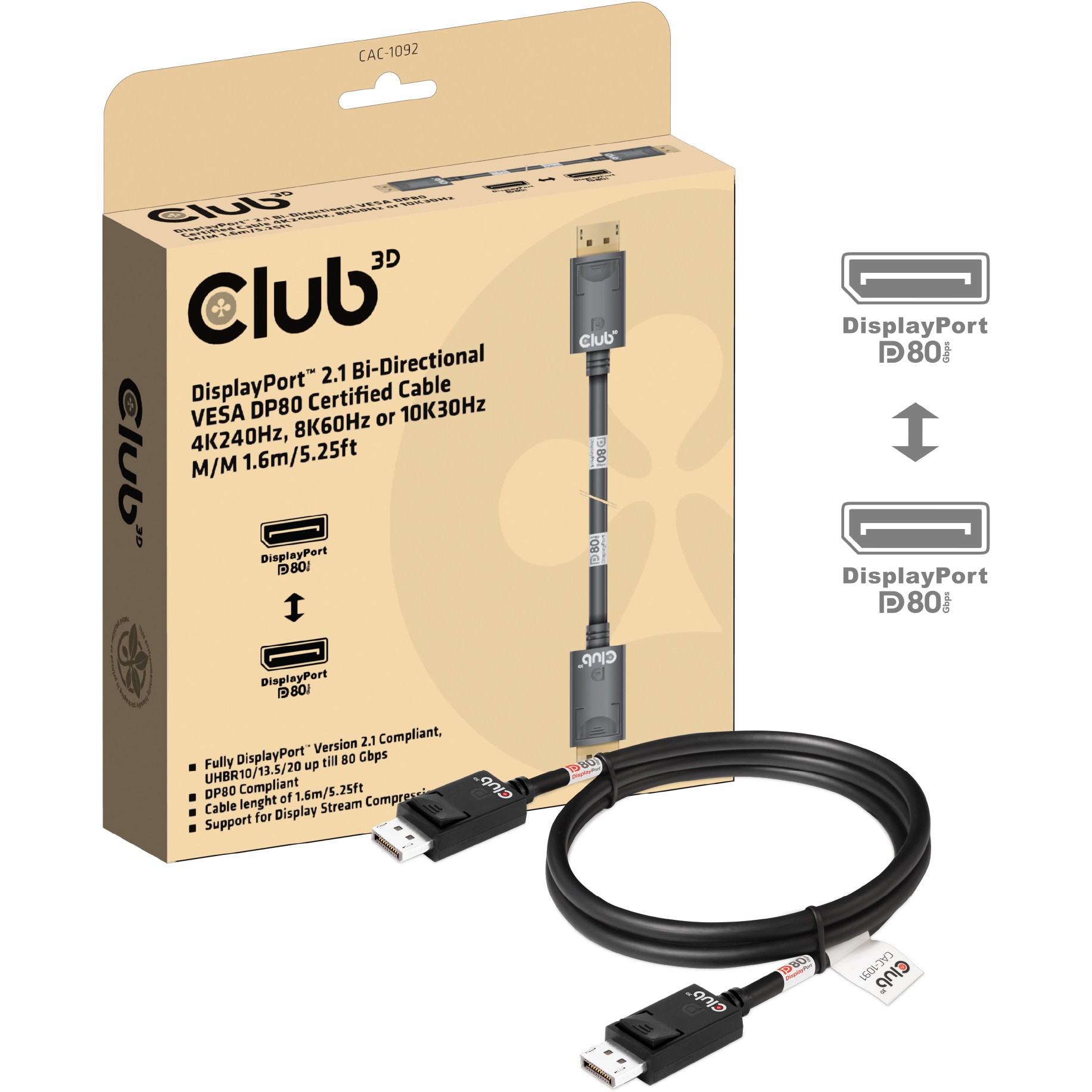 Kabllo DisplayPort Club3D / DisplayPort 2.1 / DP80 i certifikuar / 1.6m / 10K–8K–4K / St/St - Zezë - Figura 2