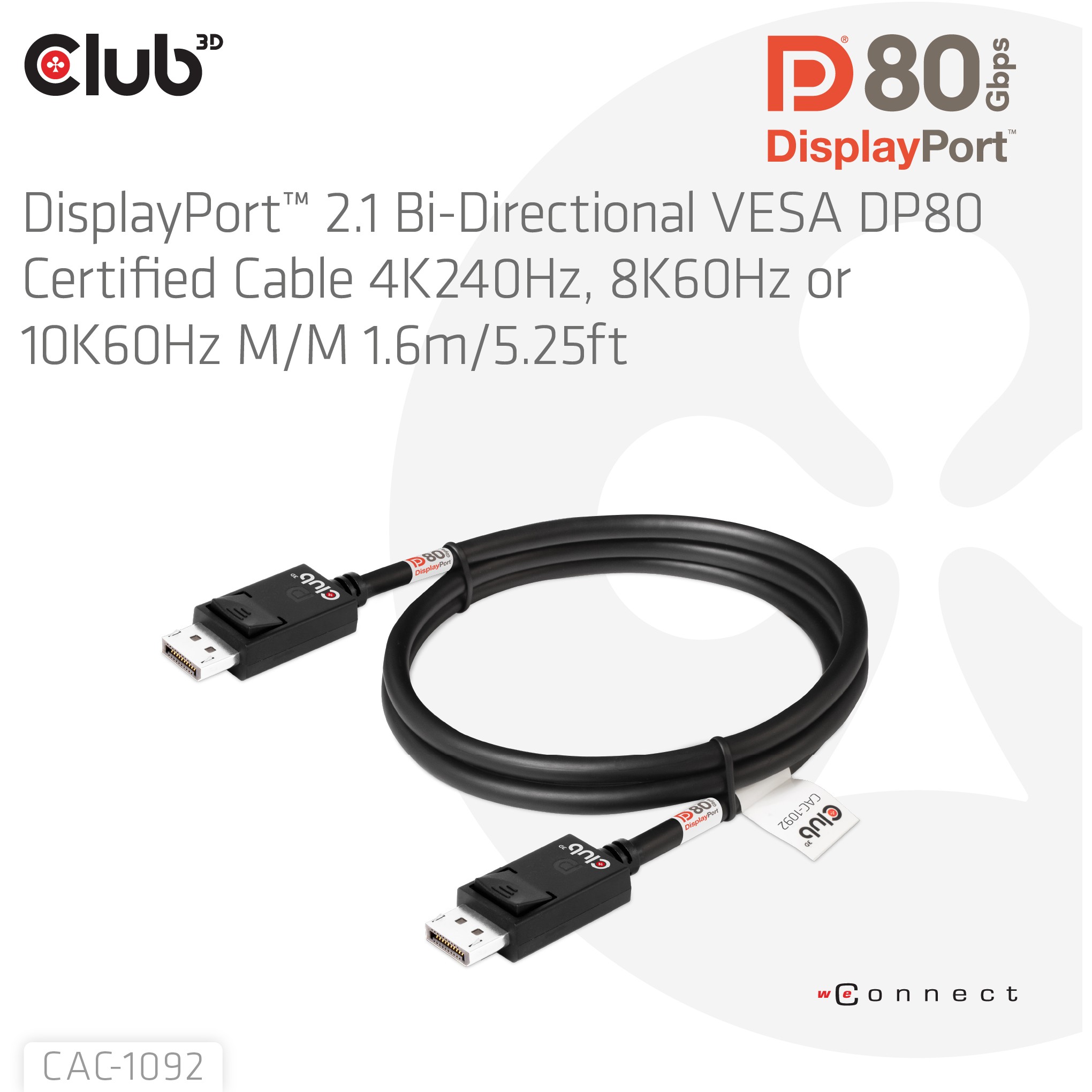 Kabllo DisplayPort Club3D / DisplayPort 2.1 / DP80 i certifikuar / 1.6m / 10K–8K–4K / St/St - Zezë - Figura 3