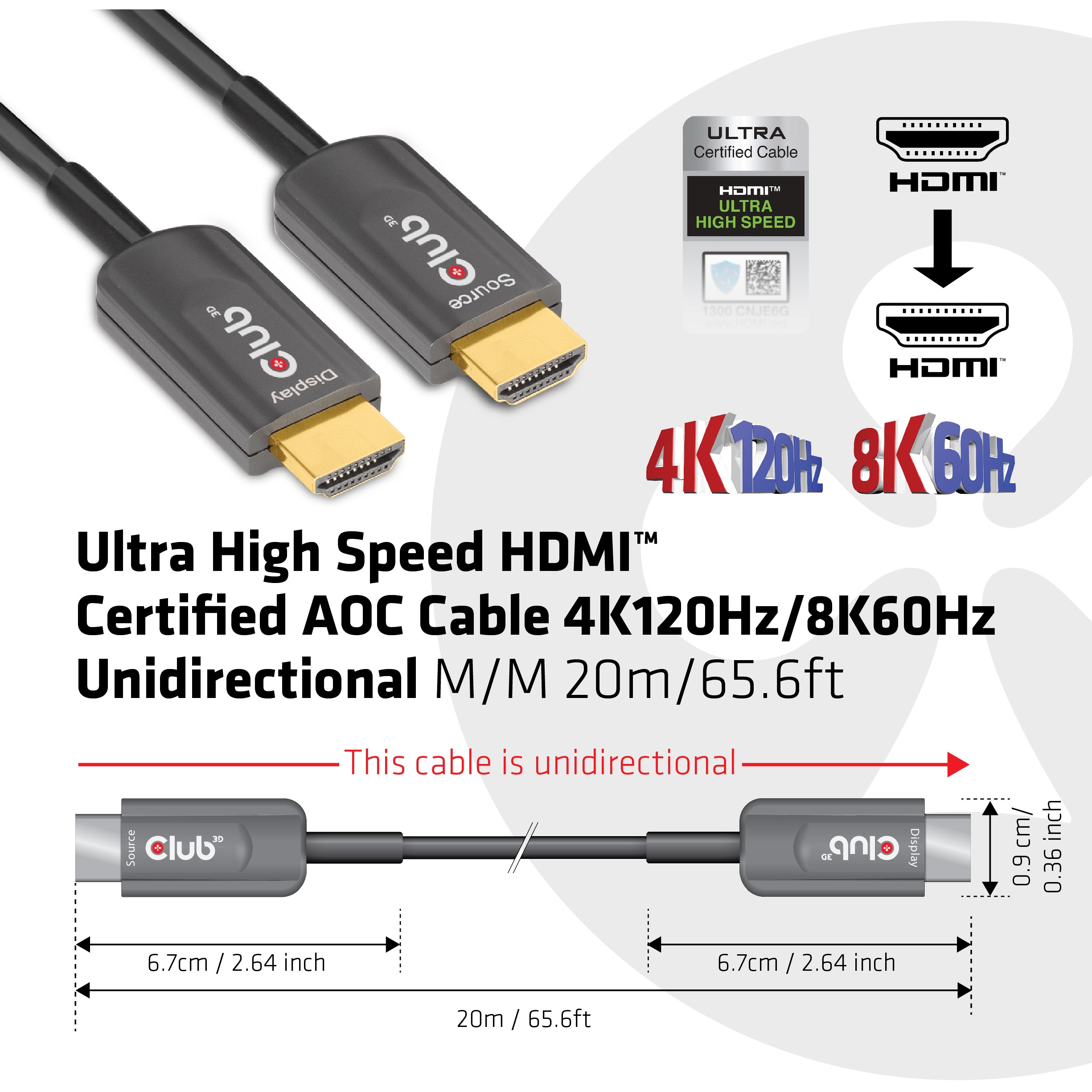 Kabllo HDMI Club3D / HDMI-A Plug → HDMI-A Plug / Aktiv Optik / Ultra High Speed / 8K / 60Hz UHD / 20m - Zezë - Figura 4