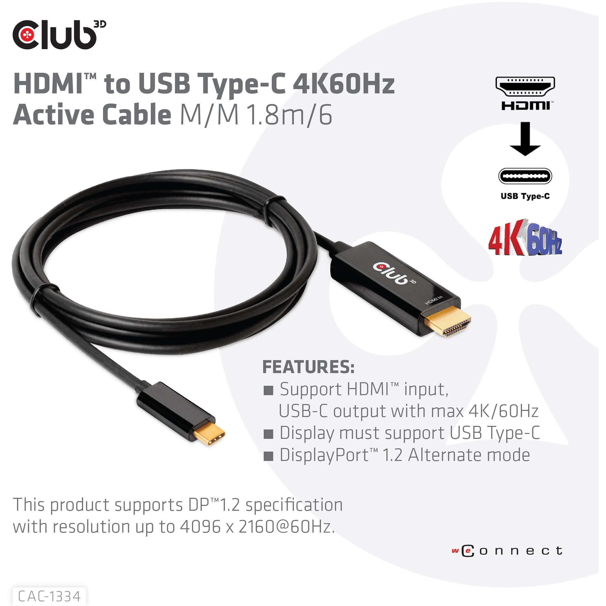 Kabllo HDMI Club3D A → USB‑C aktiv / 4K60Hz / 1.8 m - Figura 3