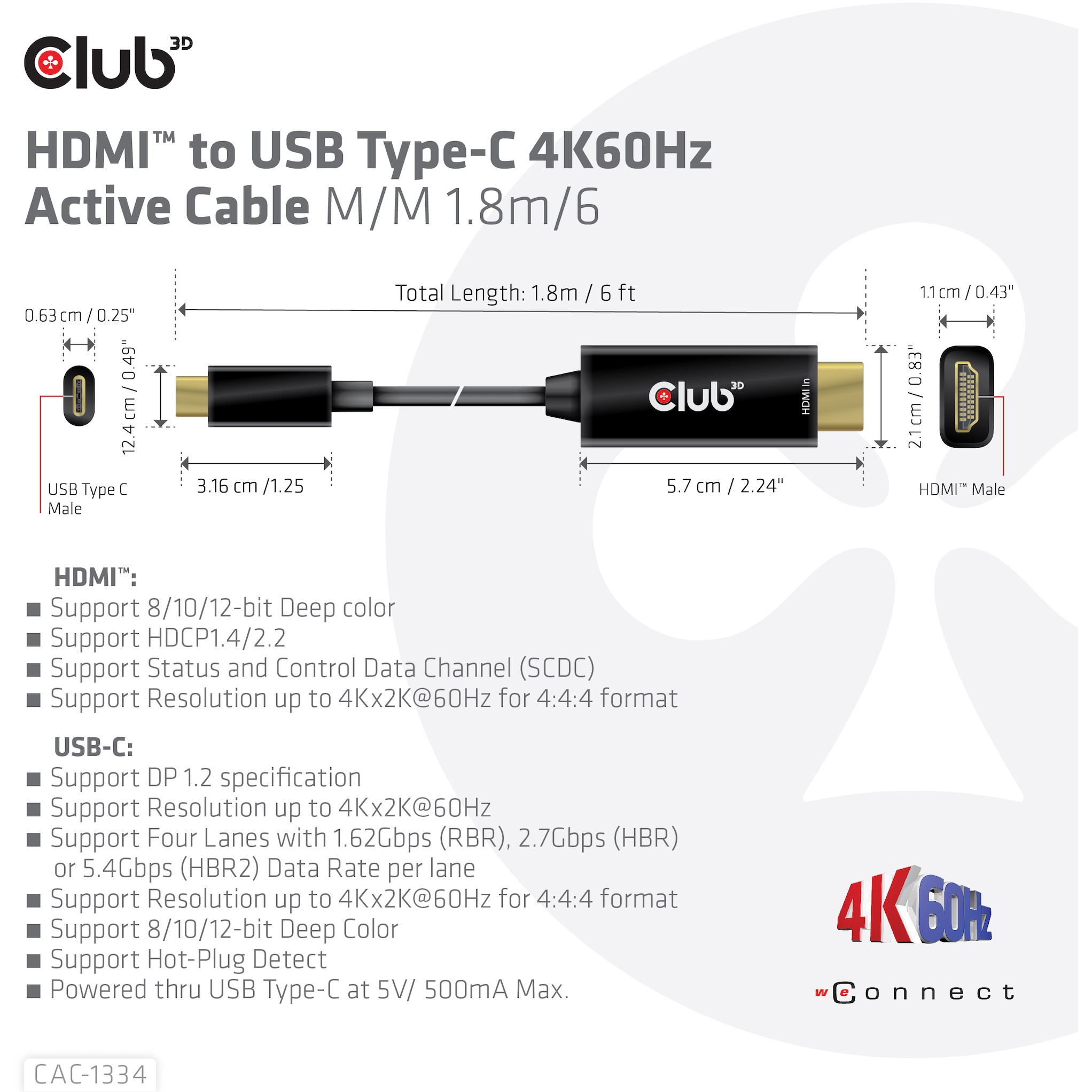 Kabllo HDMI Club3D A → USB‑C aktiv / 4K60Hz / 1.8 m - Figura 4