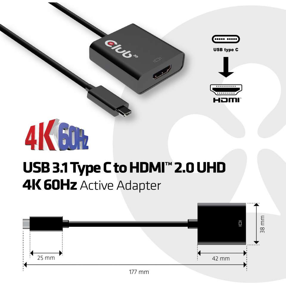 Adapter USB Club3D 3.1 Type C HDMI 2.0 UHD HDR / Active / St/Bu - Figura 3