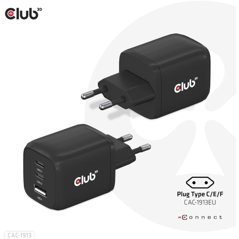 Adapter Club3D GaN Power Charger / 65W PD / 2× USB-C + 1× USB-A