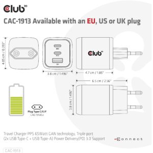 Adapter Club3D GaN Power Charger / 65W PD / 2× USB-C + 1× USB-A 8