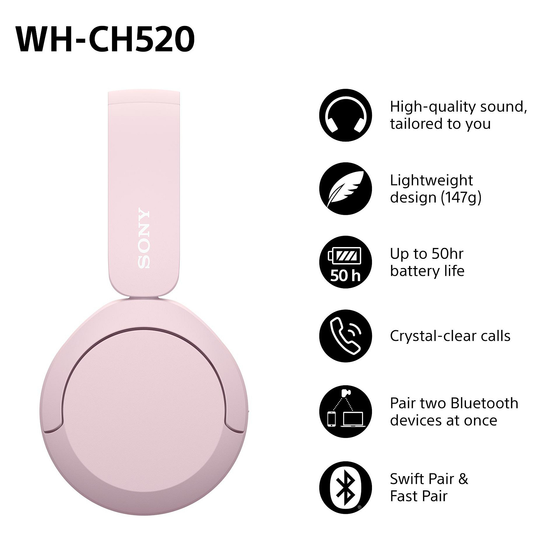 Kufje pa kabllo Sony WH-CH520 – Rozë 2