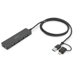 Hub USB DIGITUS 3.0 4‑Port Slim + Adapter USB‑C me Kabllo 1.2m