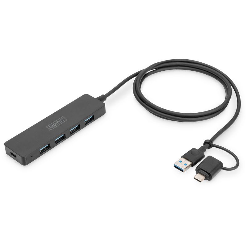 Hub USB DIGITUS 3.0 4‑Port Slim + Adapter USB‑C me Kabllo 1.2m