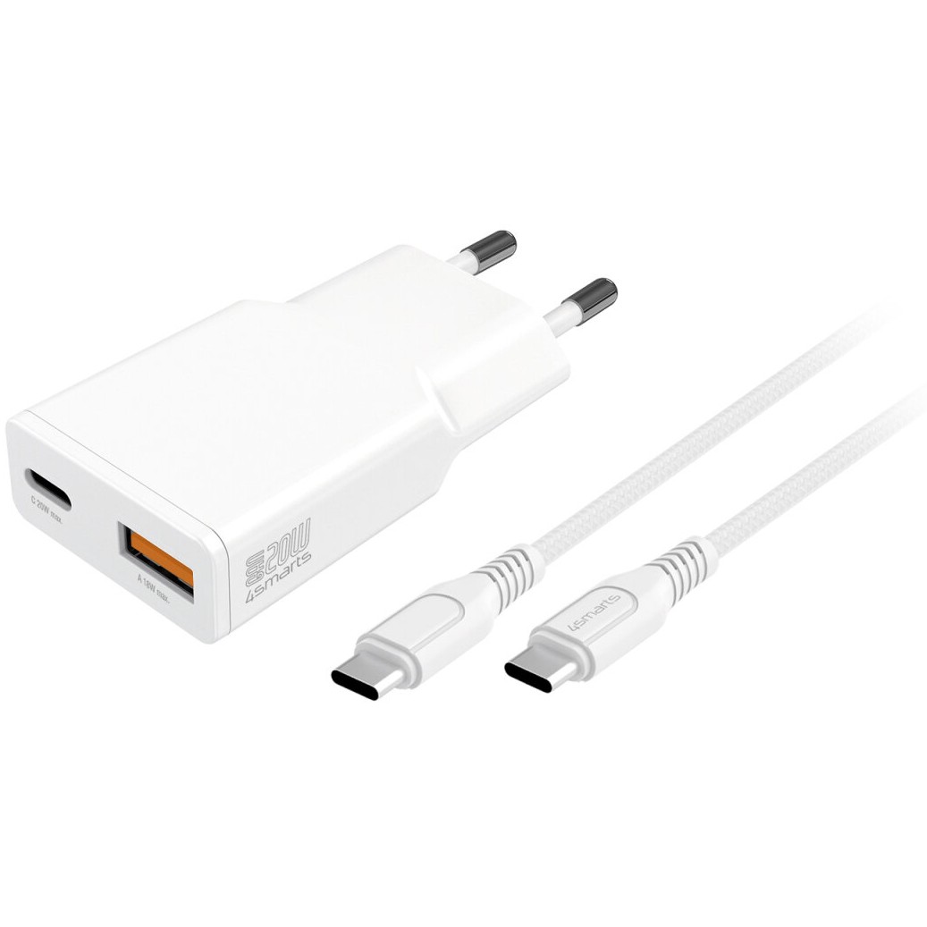 Adapter 4smarts PDPlug Duos Slim Charger 20W GaN, USB-C/A Output + USB-C Cable - Bardhë
