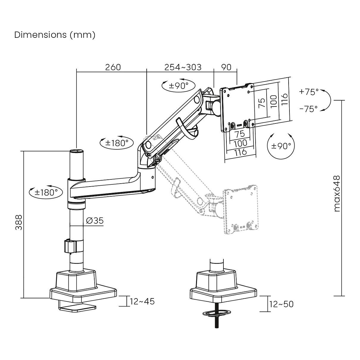 Mbajtëse për Monitor DIGITUS Single Mount / 57″/ 27 kg - Zezë - Figura 5