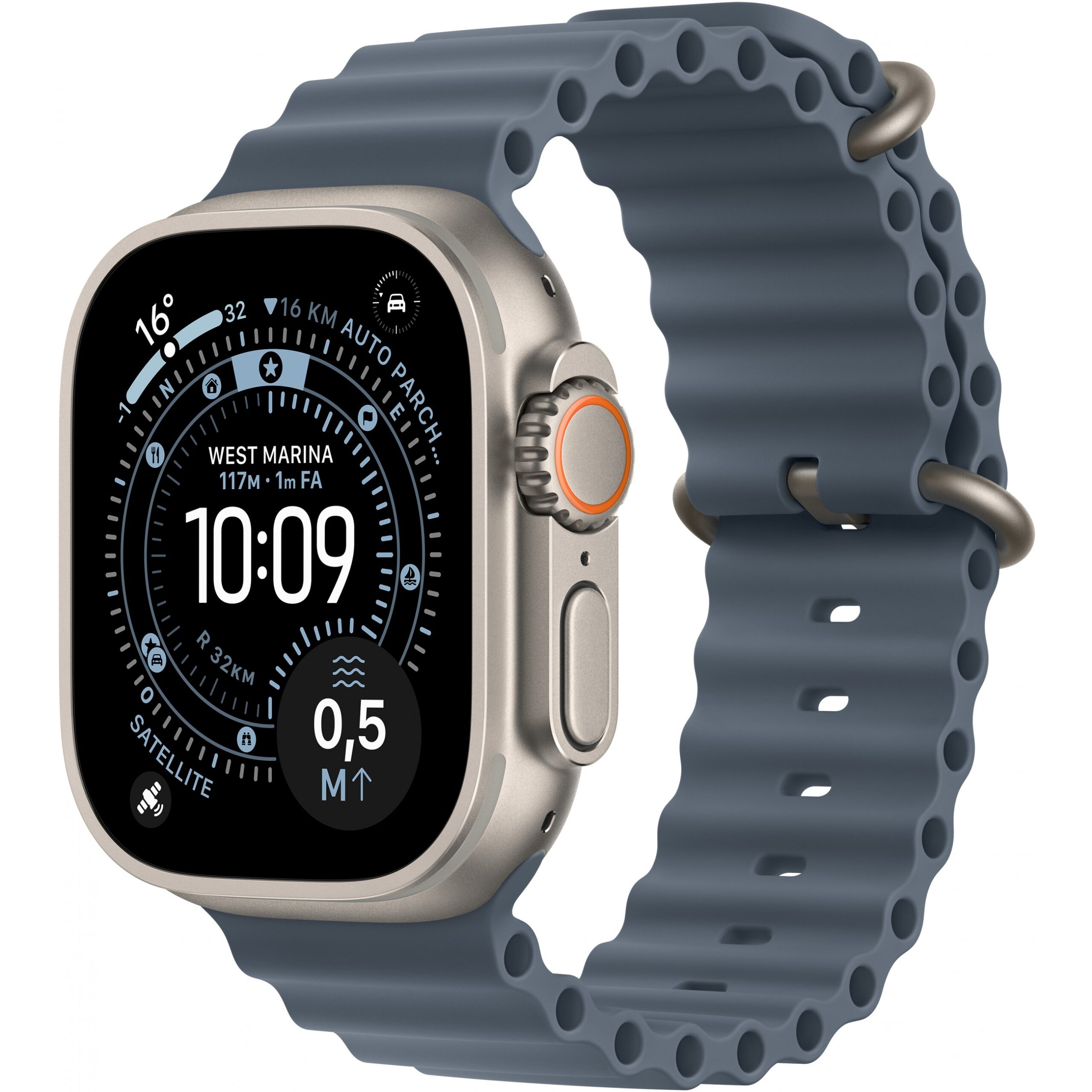 Apple Watch Ultra 3, Cellular, 49mm, Kasë Titani Natural, me Brez Ocean ngjyrë Blue
