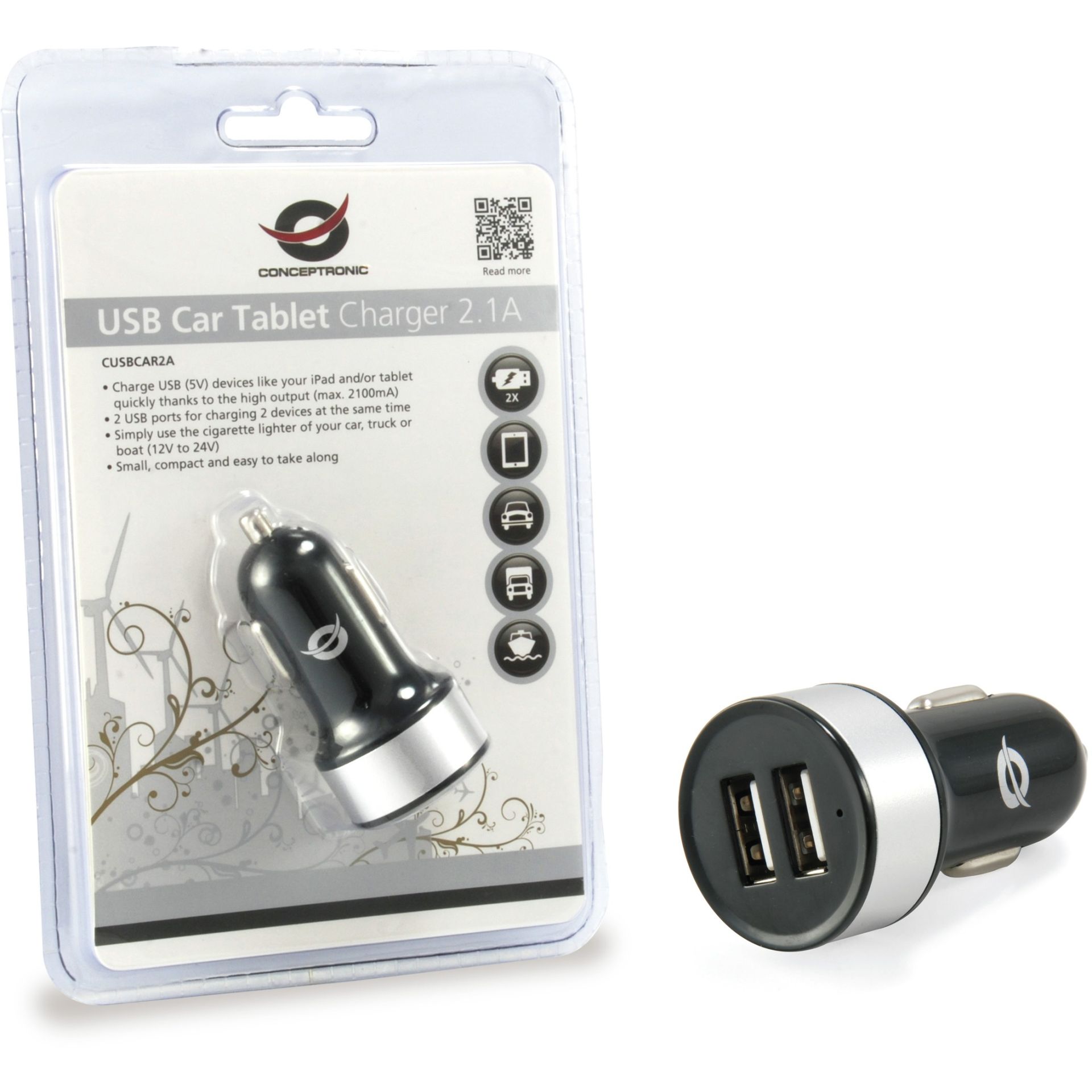 Conceptronic 2-Port USB Car Charger / 2x USB-A / 10.5W – Zezë - Figura 2