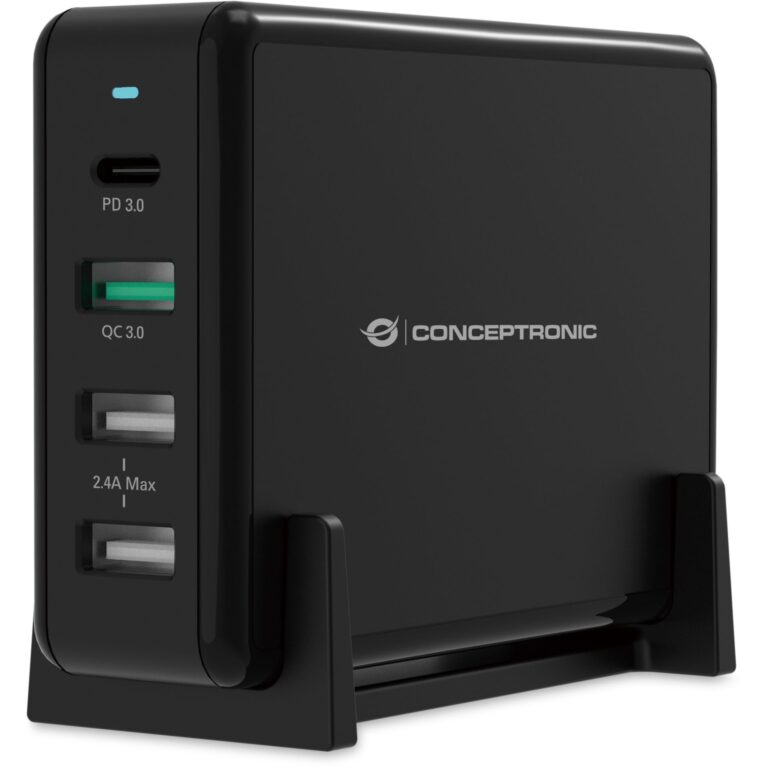 Conceptronic 4-Port USB Desktop Charger  3x USB-A / 1x USB-C / 65W PD 3.0 – Zezë