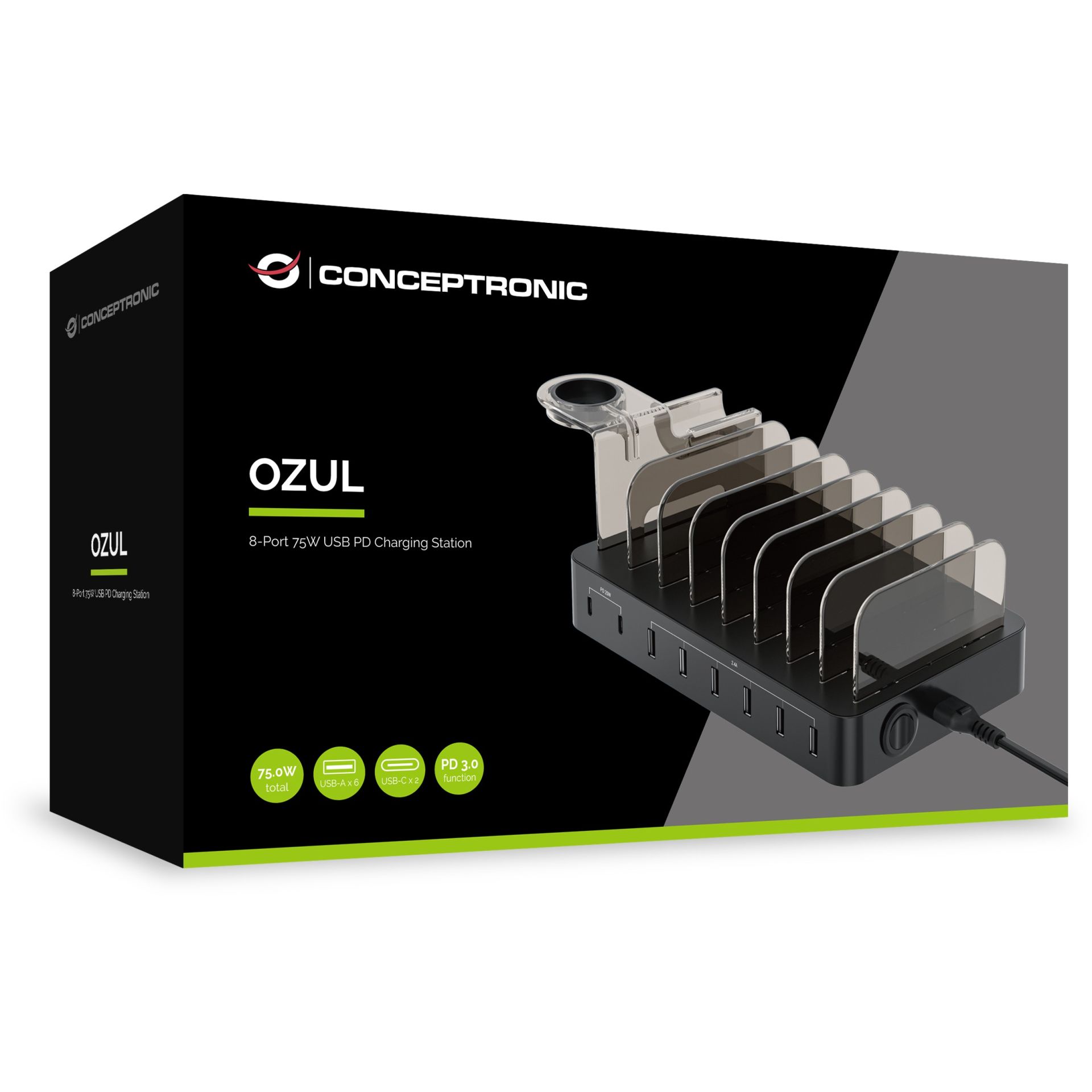 Conceptronic 8-Port USB Charger  6x USB-A / 2x USB-C – 75W PD / 3.0 – Zezë - Figura 4