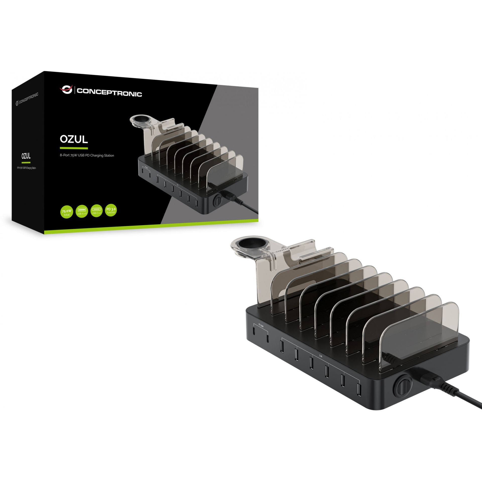 Conceptronic 8-Port USB Charger  6x USB-A / 2x USB-C – 75W PD / 3.0 – Zezë - Figura 2
