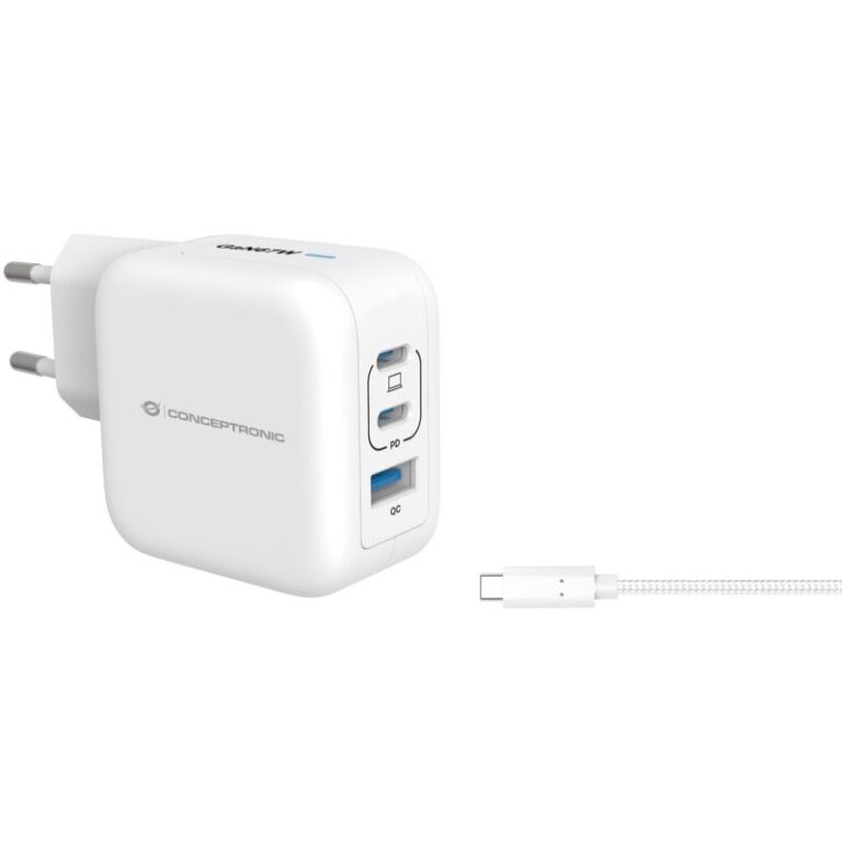 Adapter Conceptronic GaN / 3‑Port (2×USB‑C + 1×USB‑A) / 67W / PD3.0 + PPS – Bardhë
