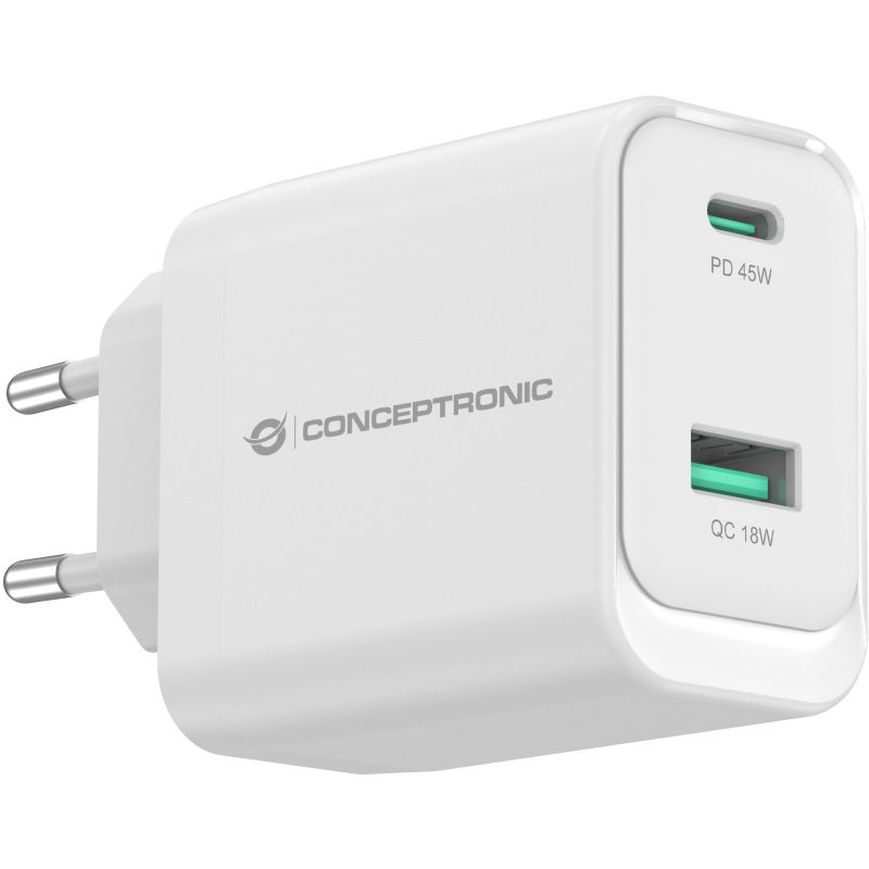 Aksesorë për telefon Conceptronic 2-Port GaN Charger USB-C & USB-A – 45W PD3.0/PPS – Bardhë - Figura 3