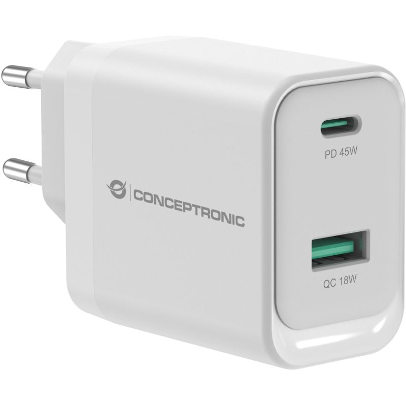 Aksesorë për telefon Conceptronic 2-Port GaN Charger USB-C & USB-A – 45W PD3.0/PPS – Bardhë