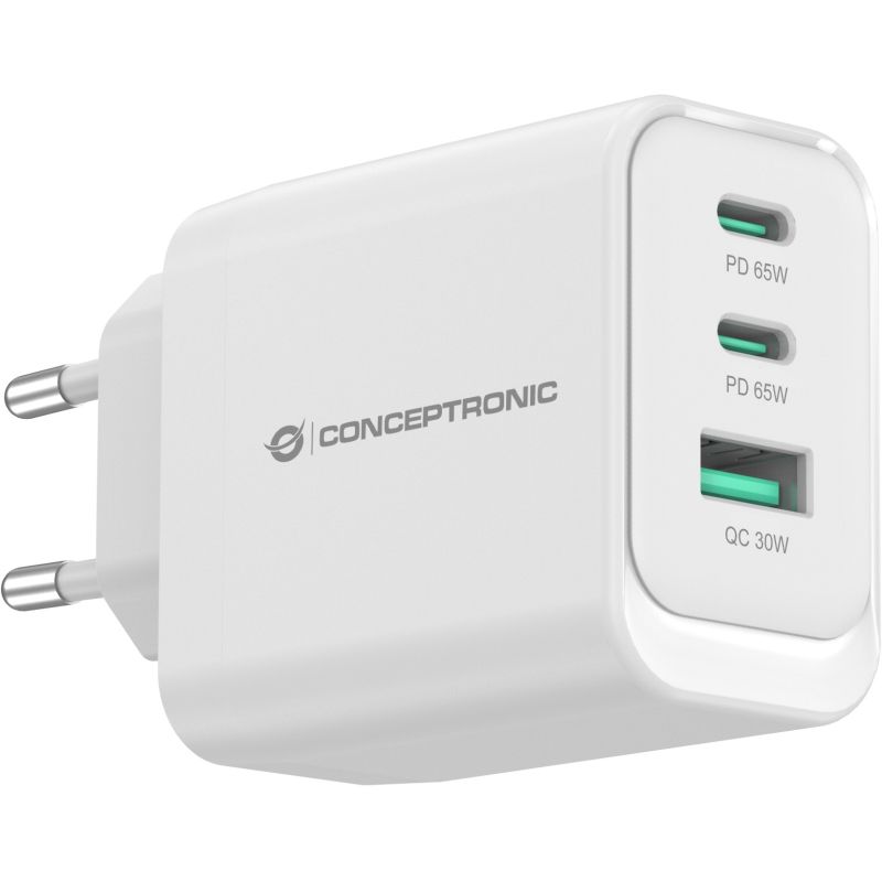 Aksesorë për telefon Conceptronic 3-Port GaN Charger 2x USB-C + 1x USB-A 65W PD3.0/PPS – Bardhë - Figura 3