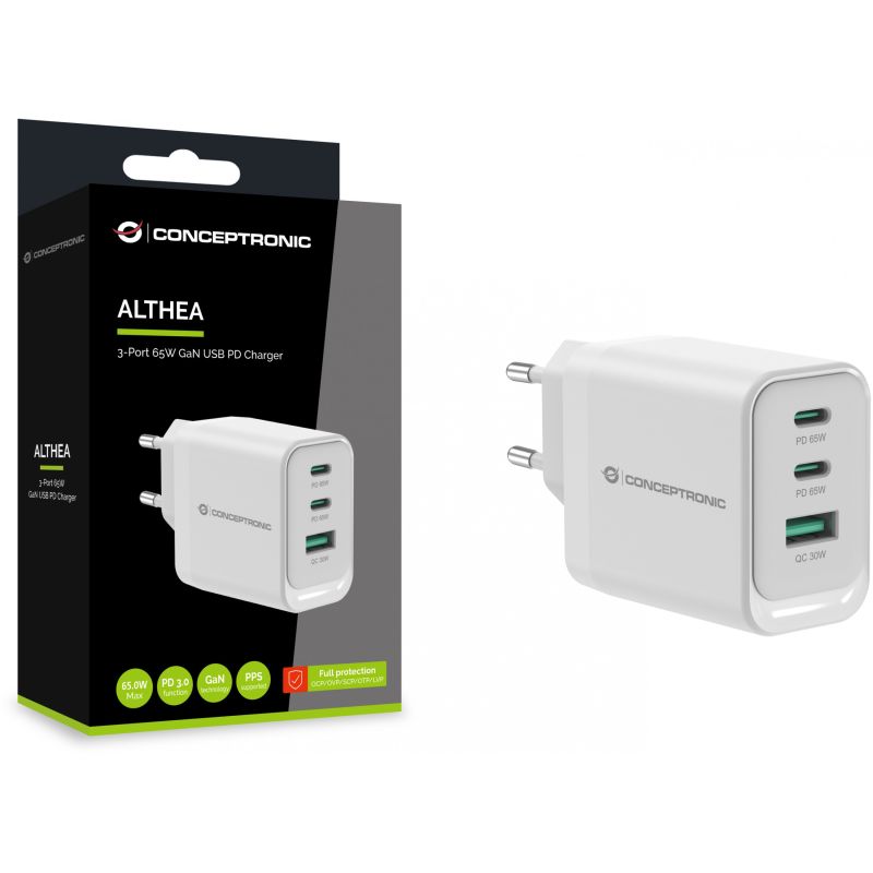 Aksesorë për telefon Conceptronic 3-Port GaN Charger 2x USB-C + 1x USB-A 65W PD3.0/PPS – Bardhë - Figura 4