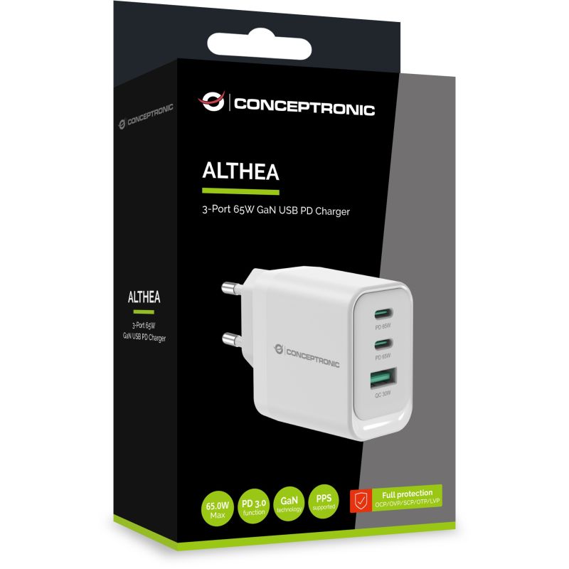 Aksesorë për telefon Conceptronic 3-Port GaN Charger 2x USB-C + 1x USB-A 65W PD3.0/PPS – Bardhë - Figura 5