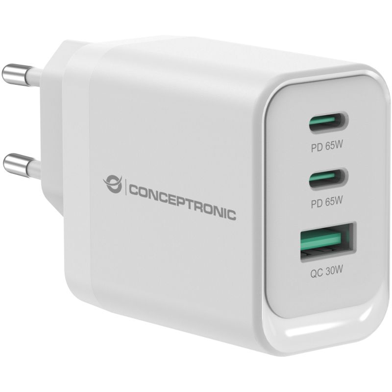 Aksesorë për telefon Conceptronic 3-Port GaN Charger 2x USB-C + 1x USB-A 65W PD3.0/PPS – Bardhë