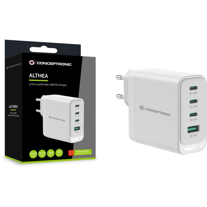 Aksesorë për telefon Conceptronic 4-Port GaN Charger 3x USB-C + 1x USB-A 100W PD3.0/PPS – Bardhë - Figura 3