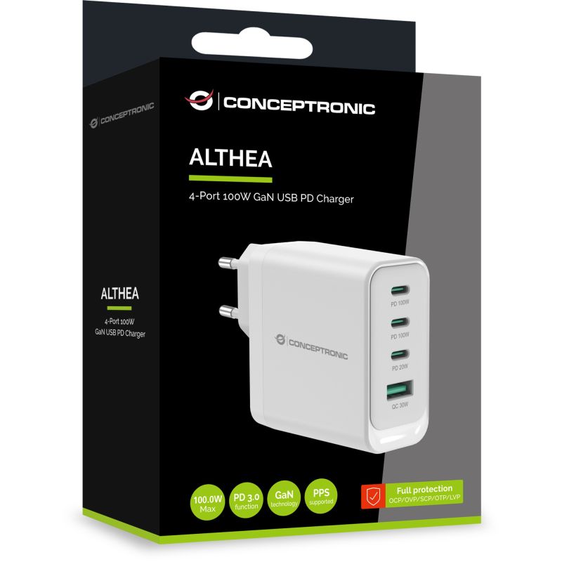 Aksesorë për telefon Conceptronic 4-Port GaN Charger 3x USB-C + 1x USB-A 100W PD3.0/PPS – Bardhë - Figura 2