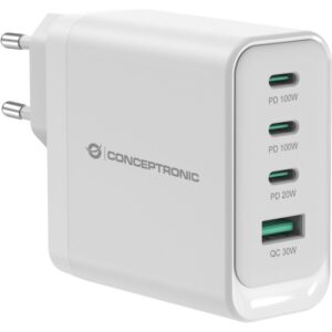 Aksesorë për telefon Conceptronic 4-Port GaN Charger 3x USB-C + 1x USB-A 100W PD3.0/PPS – Bardhë
